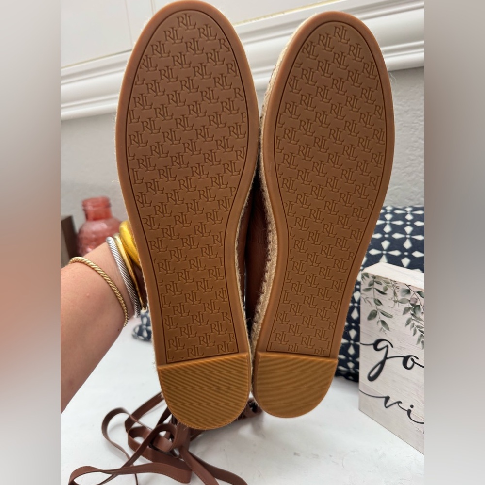 Size 11  leather lace up espadrilles Lauren COGNAC - Picture 6 of 8